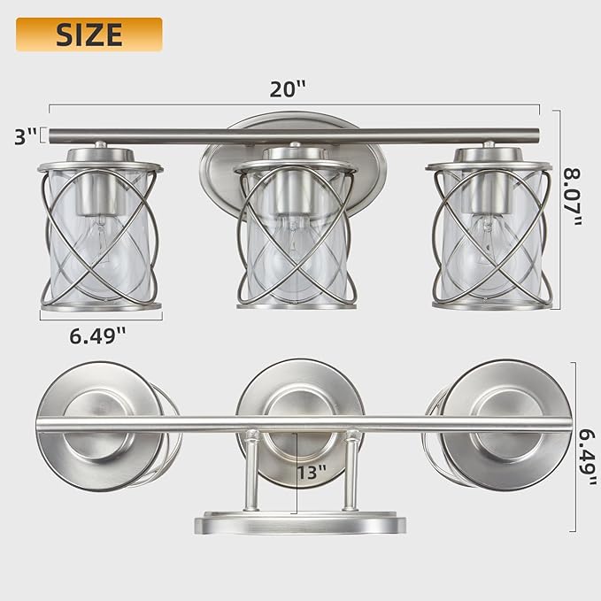Mavcadonf Modern Vanity Lights with Cage Shade, 3 Lights Over Mirror, Brushed Nickel Bathroom Wall Lamp