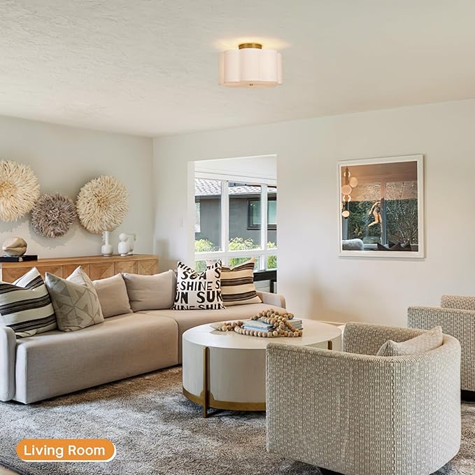 Modern Flush Mount Ceiling Light,3-Light Nursery Light Fixture with Petal-Type White Fabric Shade,12.6 Farmhouse Drum Ceiling Light Fixture for Bedroom Living Room Kitchen Hallway
