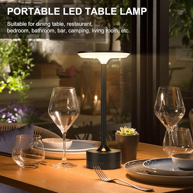FRIDEKO HOME Cordless Table Lamp Portable LED Desk Lamp Battery Operated 3 Color Desk Light Stepless Dimming Night Light for Restaurant/Bedroom/Bars/Outdoor Party/Camping/Coffee Shop