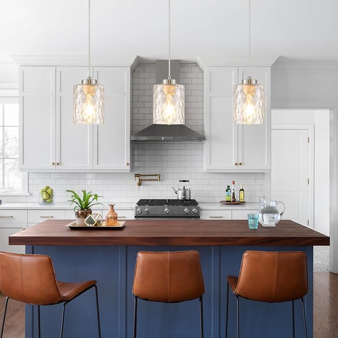 MWZ Brushed Nickel Pendant Lights Kitchen Island 3 Pack, Modern Hanging Kitchen Pendant Lighting Over Sink with Hammered Glass Shade,Small Chandeliers Fixtures Adjustable Cord Hanging Lighting