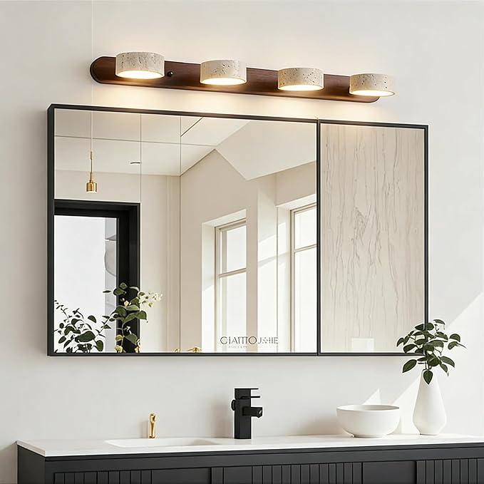 LED Bathroom Vanity Light, Travertine Stone Light Fixture, 360° Rotatable Stone Lampshades, Modern Rustic Wall Lamp for Bedroom, Living Room, Hallway (Walnut Wood-4 Lights)