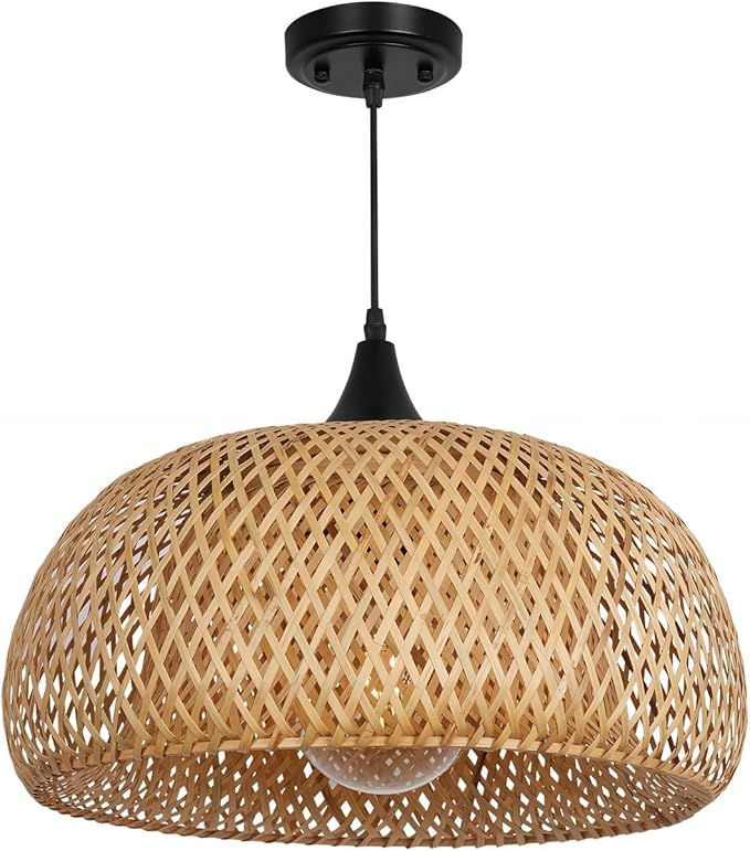 Rustic Farmhouse Bamboo Pendant Light - 18 Inch Large Dome Handwoven Ceiling Mounted Bamboo Chandelier Shades, Coastal Beach Hanging Rattan Light Fixture for Kitchen, Dining, Living Room