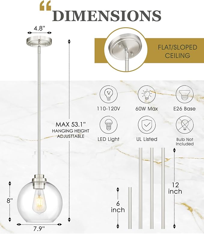 Pendant Lights Kitchen Island, 8" Brushed Nickel Pendant Light Fixtures with Globe Clear Glass Shade, Modern Kitchen Island Lighting for Bathroom, AD-22280-1PL-SN