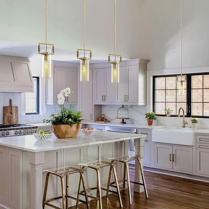 Brass Pendant Lights Kitchen Island, Modern Gold Pendant Lights 2 Pack,12Inch Glass Knurled Kitchen Pendant Lighting Over Island,Farmhouse Island Lights For Kitchen Sink,Bathroom,Bedroom,Dinning Table