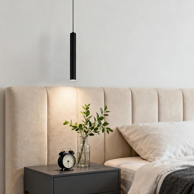 Modern Black Pendant Lights 2 Pack, LED Minimalist Pendant Lighting Fixture for Kitchen Island, Long Tube Hanging Light Cord Adjustable for Living Room Bedroom Dining Room Bar