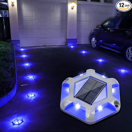 VOLISUN Solar Dock Lights Driveway Deck Lights, 12-Pack Waterproof Outdoor LED Aluminum Dock Lighting Warning Step for Driveway Sidewalk Garden Pathway Yard(Blue+White,2 Colors in 1), Auto On/Off