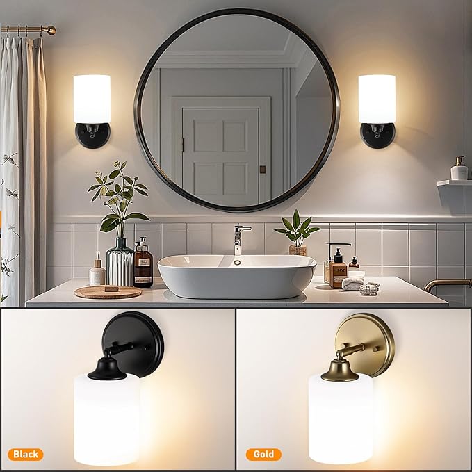 Wall Sconces Set of Two Bathroom Light Fixtures with Frosted Glass Shade, Modern Matte Black Wall Lights Vanity Lights, Sconces Wall Decor Set of 2 for Bathroom Bedroom Mirror (E26 Base)