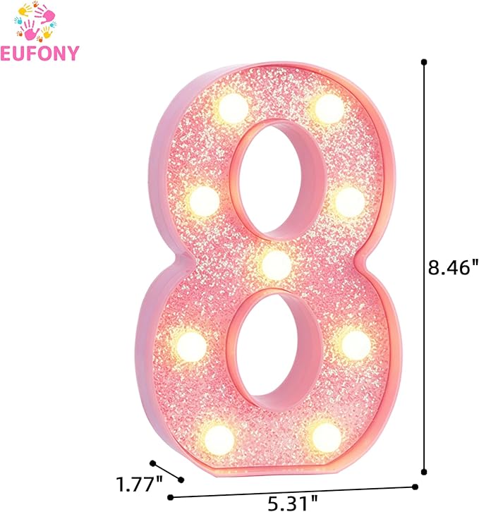 Pink Light Up Marquee Numbers, Glitter LED Number Lights Signs Battery Operated for Girls 8th 18th 28th Pink Birthday Party Table Decorations, 8 Inch Tall Number 8 with Warm White Lights