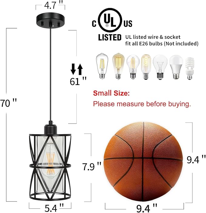 Black Pendant Lights Kitchen Island, Pendant Light with Clear Glass Shade, Modern Kitchen Lights, Hanging Light Fixture for Kitchen Island, Foyer, Dining Room, Entryway