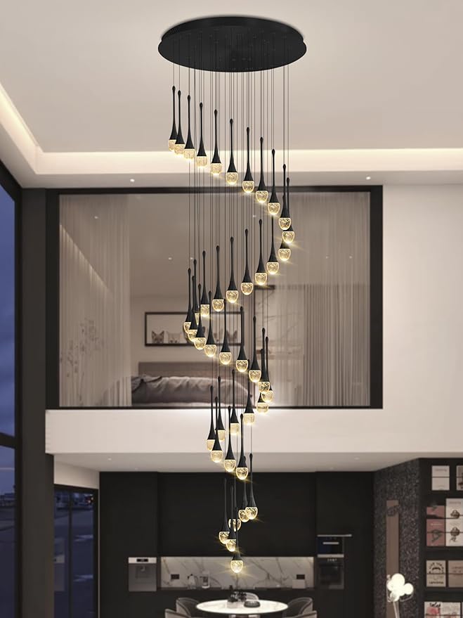 ykolupty Staircase Chandelier 42-Lights Crystal Ceiling Lights Adjustable Length 197inches Large Chandeliers for High Ceilings, Entryway Lighting Fixture Black