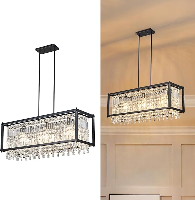 LMQNINE Modern Rectangle Chandelier for Dining Room, Black Crystal Chandelier Linear Light Fixture, Farmhouse Chandeliers for Kitchen Island, Bar Table, L30.7'' x W9.84'' x H8.66''