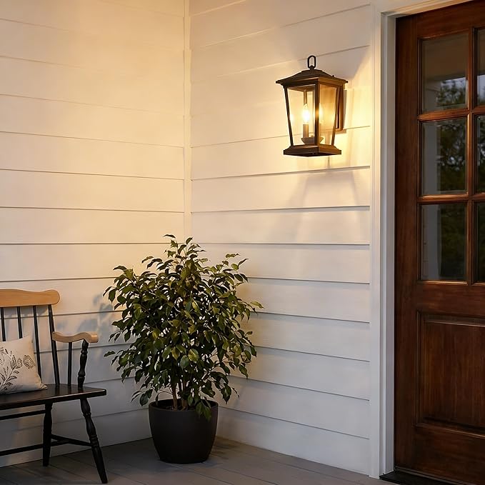 Outdoor Wall Lantern, Large Exterior Waterproof Wall Sconce Light Fixture, Black Anti-Rust Outside Porch Sconce Lights with Clear Glass