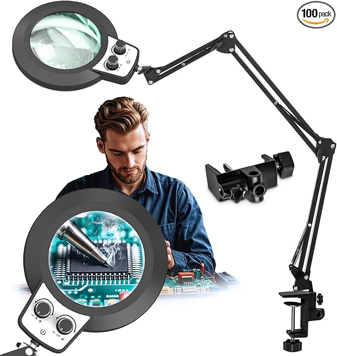 HITTI 12X Extra Long Magnifying Glass with Light, Upgrade Infinite Color and Brightness LED Desk Lamp Clamp, Hands Free 3 Section Magnifier Light Stand for Workbench Craft Reading (12X 35in Clamp)