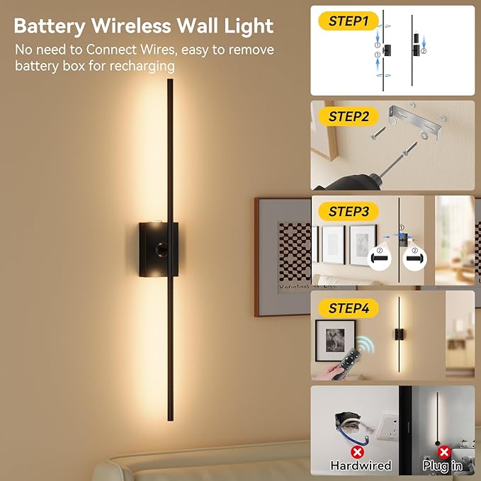 Ouyulong Battery Operated Wall Sconces Set of 2, 10000mAh Wireless Rechargeable 3000-6000K Dimmable 350° Rotate Wall Light with Remote for Living Room, Bedroom 23.6in Black