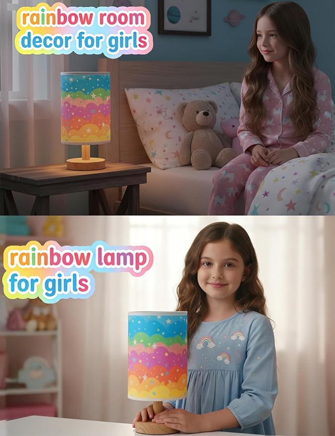 Kids Table Lamp for Bedroom, Rainbow Lamp, 3 Level Dimmable Wood Nightstand Desk Base Flaxen Fabric Shade for Bedroom Living Room,Rainbow Lamp Gifts for Girls (Colorful)