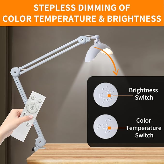48W Eye-Caring LED Clip On Desk Lamp, 3 Color Temperatures 2700K/4200K/5600K, Dimmable Desk Light with CRI 95+, Curved Design for Focused Lighting for Crafting, Painting, Hobby & Computer (gray)