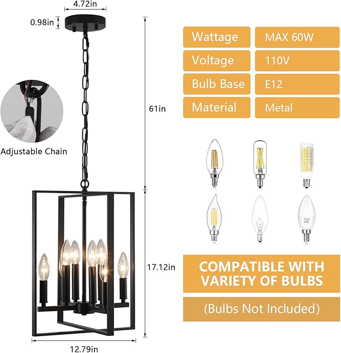 12.79" Black Chandelier 8-Light Modern Farmhouse Chandeliers for Dining Room Light Fixture Rustic Adjustable Pendant Light Fixtures Vintage Chandelier for Foyer Kitchen Entryway Living Room E12