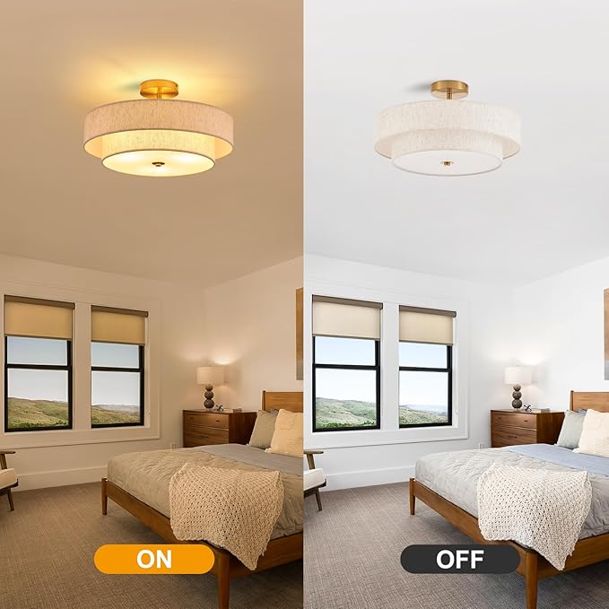 Modern Semi Flush Mount Ceiling Light 18" Modern Gold 3-Lights Drum Ceiling Lighting Fixture Vintage Linen Golden Ceiling Lamp for Laundry Room, Kitchen, Basement, Dining Room, Bedroom