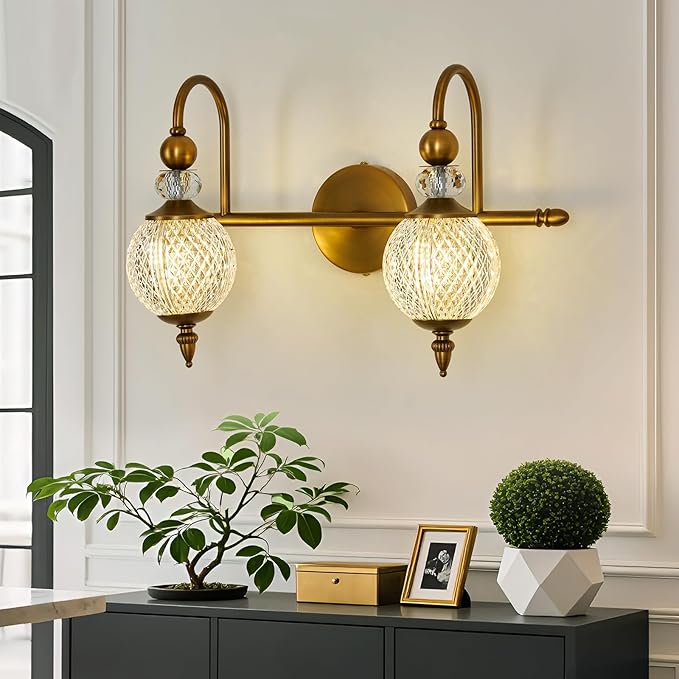 Vintage Vanity Light 2 Lights Gold Bathroom Light Fixtures Over Mirror with Acrylic Globe Shade