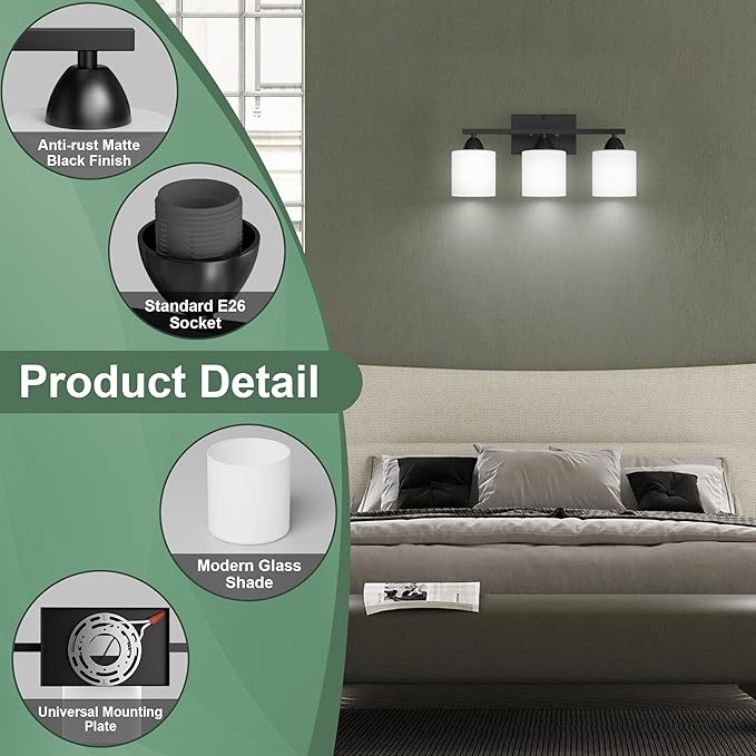 Black Bathroom Lights Over Mirror, Anti-rust Vanity Light Fixture for Bathroom, Modern 3-Light Wall Sconce Light for Living Room, Standard E26 Base, Milky White Glass Shades, Bulbs Not Included