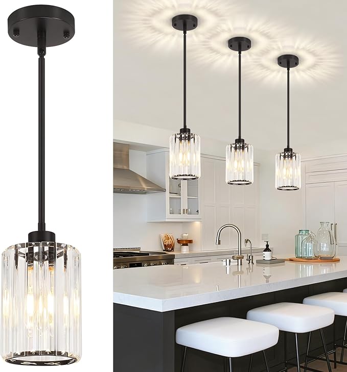 Black Pendant Light, Modern Crystal Pendant Lights Kitchen Island Lighting, Hanging Light Fixtures Mini Chandelier Pendant Lights for Island Dining Room Hallway Bedroom