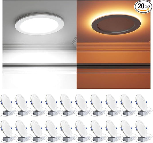 Ensenior 20 Pack 4 Inch LED Recessed Ceiling Light with Night Light, Dimmable, 2700K-5000K 5CCT, 750LM 9W 120V, High Brightness Canless Wafer Downlight - ETL&FCC&IC
