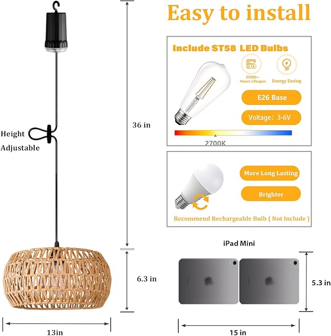 Battery Operated Outdoor Chandelier,Battery Operated Pendant Light with Remote Control, No Wiring Outdoor Hanging Light for Porch Patio Gazebo (13" 2Pack)