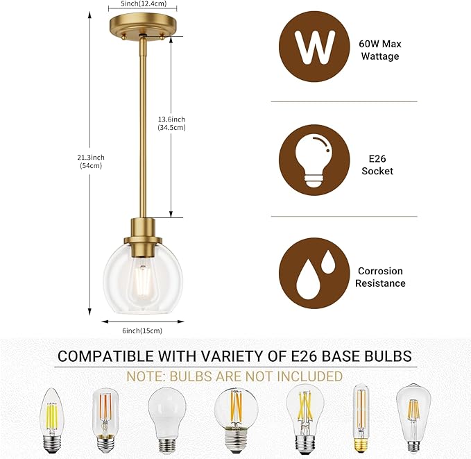 Ralbay Brushed Gold Pendant Light 2-Pack, Farmhouse Pendant Light Fixtures with Globe Clear Glass Shade, Kitchen Island Lighting for Dining Room, Rustic Adjustable Hanging Lighting Fixture