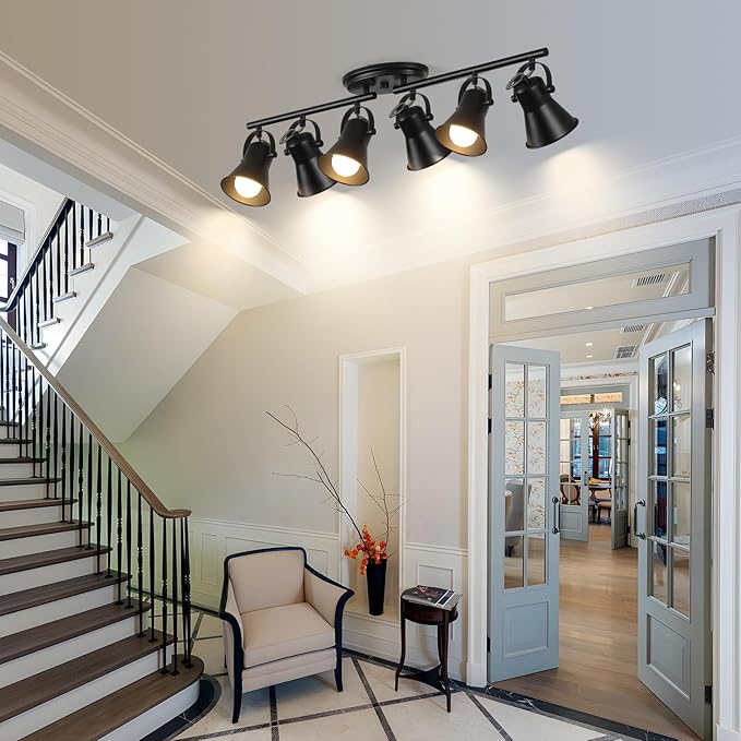 KEESFU 6-Light Track Lighting Kit,Black Semi Flush Mount Ceiling Light with 6 Rotatable Light Heads,Modern Accent Lighting for Livingroom,Bedroom,Hallway,Art Wall,Bathroom,Kitchen.(6-Light)