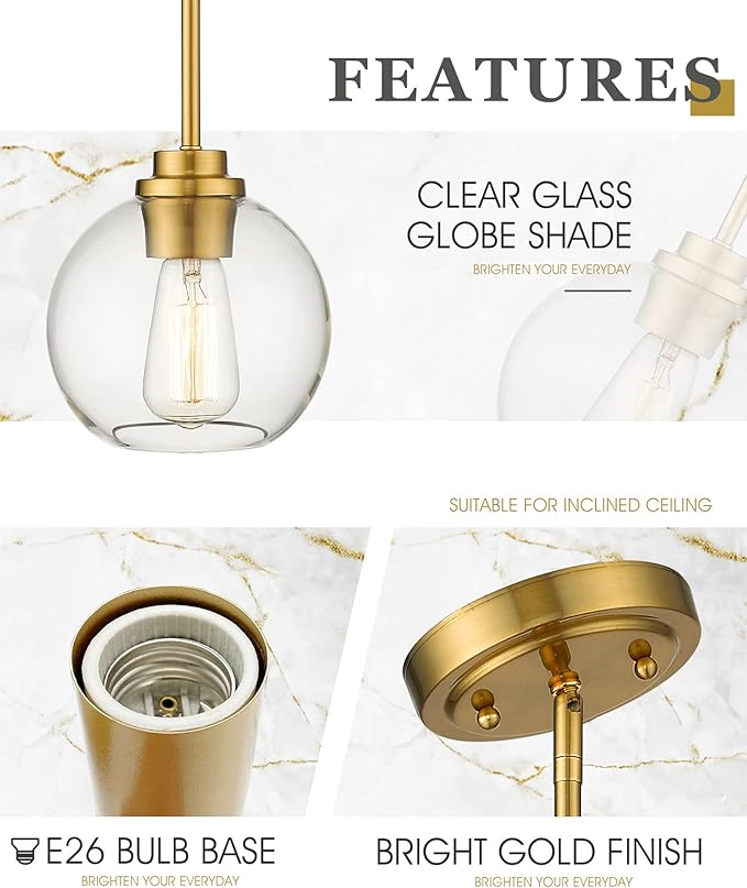 3-Pack Pendant Lights Kitchen Island, Gold Hanging Lights Fixtures with Clear Glass Globe Shade, Brass Kitchen Island Lighting for Dining Room, AD-22280-1P3-GD