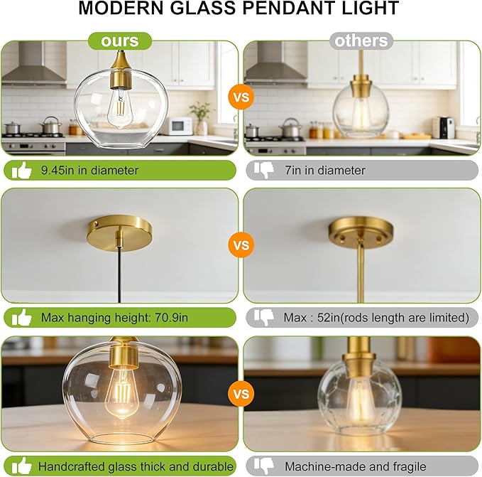 Glass Pendant Lights Kitchen Island, 9.45'' Brass Gold Pendant Lighting Fixtures, Modern Hanging Ceiling Light with Clear Glass Shade for Farmhouse Dining Room Bedroom Hallway(1 Pack)