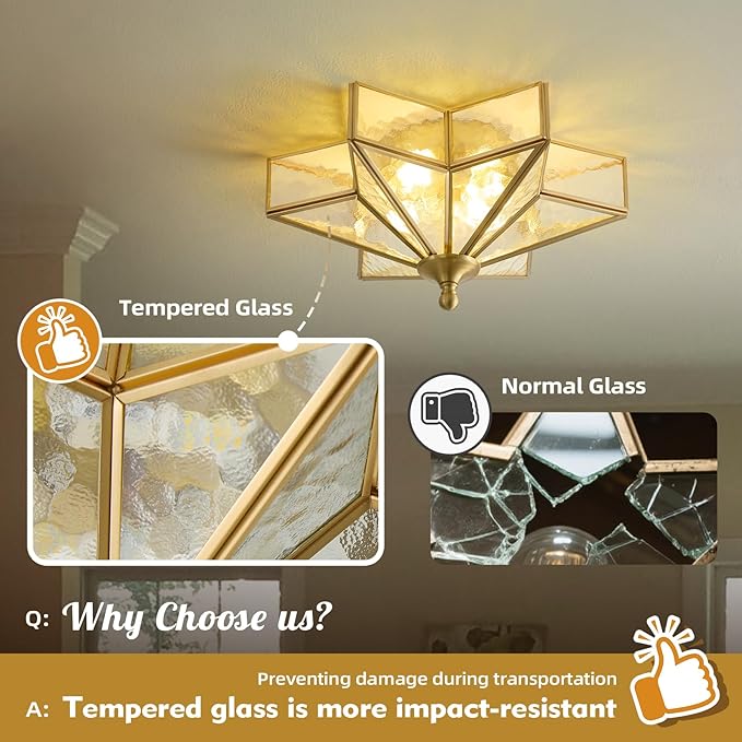 Star Brass Vintage Ceiling Light - 12.2 in Small Hammered Glass Antique Brushed Gold Flush Mount Fixture, Mid Century Art Deco Overhead Lighting for Kitchen Hallway Bedroom Bathroom Laundry Entryway