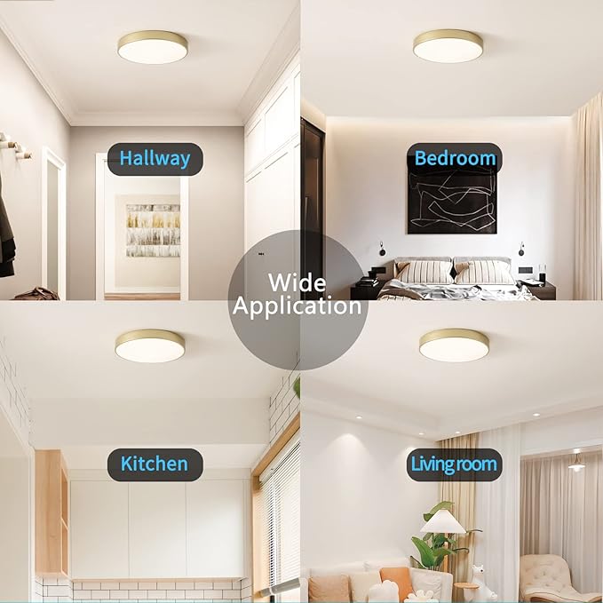 LED Ceiling Light Flush Mount Gold, 24W Kitchen Light Fixture Ceiling Mount Dimmable, 12 inch Close to Ceiling Light Fixture 5CCT for Bedroom, Bathroom, Living Room