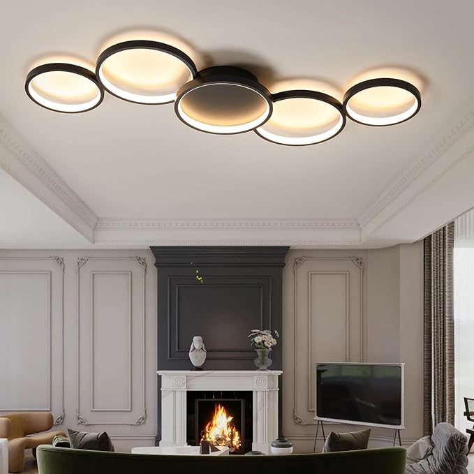 Modern LED Flush Mount Ceiling Light - 55w dimmable Ceiling Light Fixture, 5rings Ceiling lamp for Living Room,Bedroom,Dining Room,Office (Black)