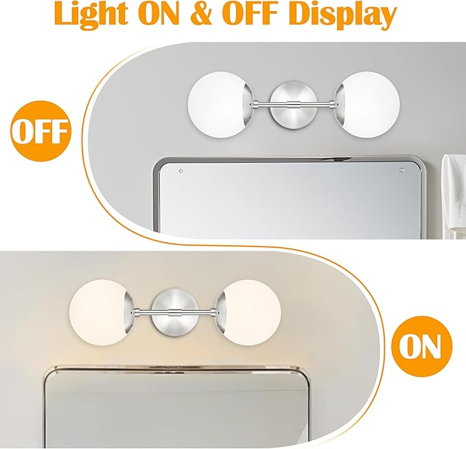 KoKo&Yukina Nickel 2 Light Vanity Light Fixtures Mid Century Modern Bathroom Vanity Light Globe Sconce with Milky White Glass for Bathroom Bedroom