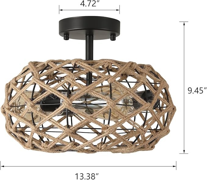 3-Light Coastal Woven Flush Mount Ceiling Light Fixture 13.38 inch Boho Rustic Handmade Hemp Rope Round Cage Semi Flush Mount Ceiling Light for Hallway Hall Entry Bedroom Farmhouse Beach, Black