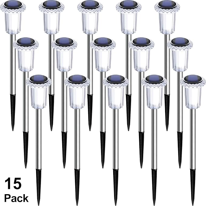 DenicMic Solar Pathway Lights Outdoor Waterproof 6000K Cold White LED Decor | Yard Garden Driveway Walkway Landscape Path Lights Diamond-like Style Starburst Light Pattern, Acrylic/Stainless Steel 15Pack