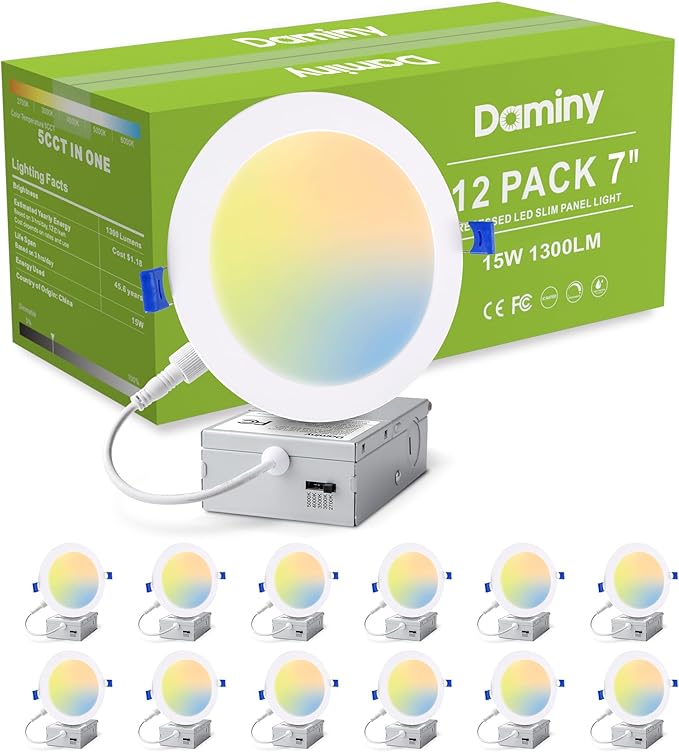 DAMINY 12 Pack 7 Inch LED Recessed Lighting with Junction Box,5CCT,Ultra-Thin Recessed Light,15W 1300LM, Dimmable Canless Wafer Ceiling Light, High Brightness