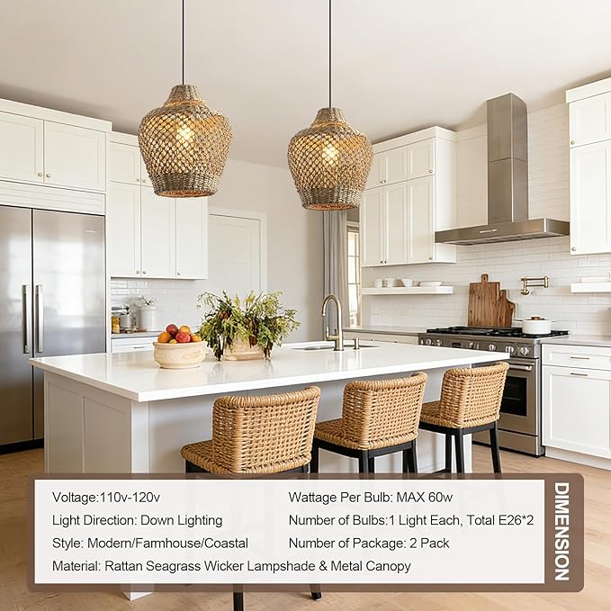 2 Pack Rattan Pendant Light, 11.81” Boho Wicker Hand Woven Hanging Seagrass Lighting Fixture, for Farmhouse Kitchen Bedroom Dining Living, Hallway