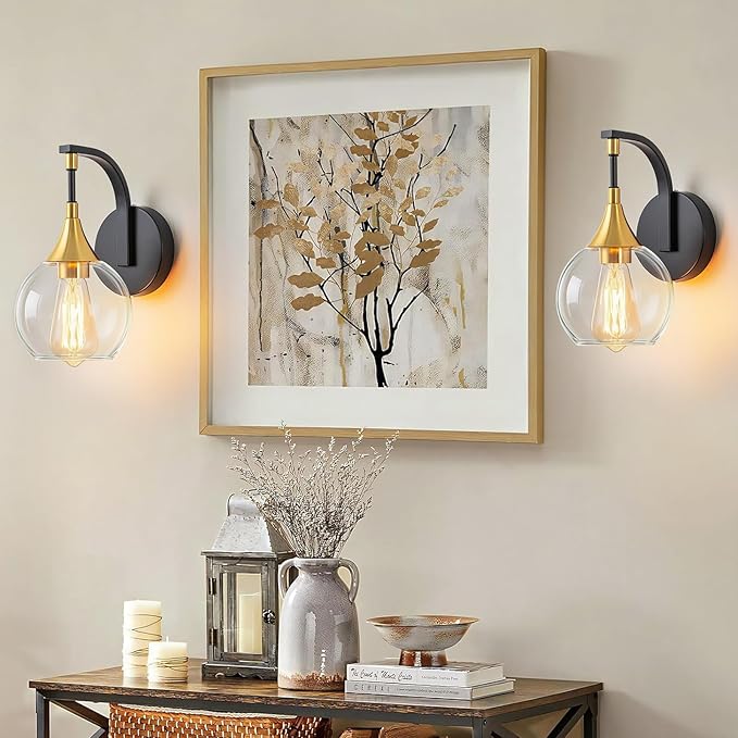 Indoor Wall Sconce, Black and Gold Wall Light Fixture with 4.9 Inches Clear Glass Shade, Bathroom Vanity Lights for Mirror, Bedroom, Hallway