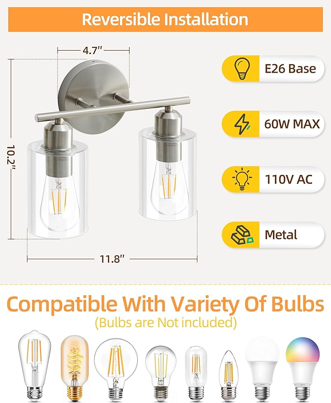 Bathroom Light Fixtures, 2-Light Brushed Nickel Vanity Lights for Bathroom, Modern Bathroom Lighting Fixtures Over Mirror with Clear Glass Shade, Wall Sconce Lighting for Hallway - 2Pack