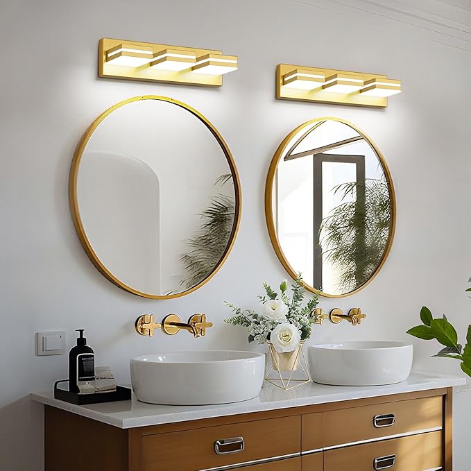 Modern LED Small Bathroom Lights Fixtures 3-Light,Metal Gold Acrylic Wall Lighting,Vanity Lights for Bathroom Over Mirror 6000k 16in