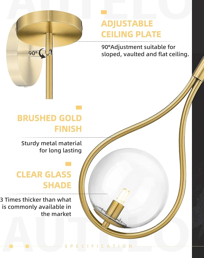 AUTELO Gold Pendant Lights Kitchen Island, 1-Light Hanging Lamp in Brushed Gold Finish with Clear Globe Glass, Mid Century Pendant Lights Kitchen Island, Gold Hanging Lights for Kitchen H9377 CLBG