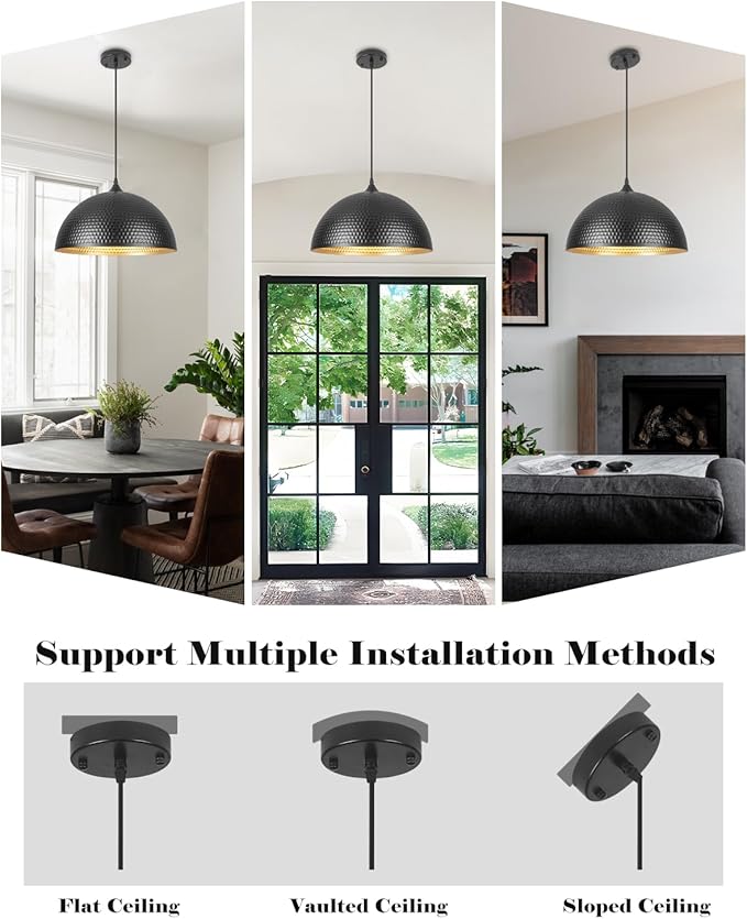16 inch Black and Gold Pendant Light 3 Packs, Hammered Industrial Large Pendant Lights Kitchen Island, Oversive Black Dome Pendant Light for Kitchen Island, Dining Room, Bar