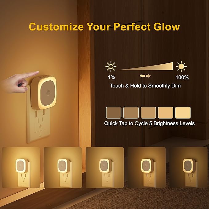 YUNLEX 2 Pack Plug in Night Light with Motion Sensor & Dusk to Dawn Sensor, 3 Sensor Modes, Dimmable, Reflected Light, Warm White Nightlight for Living Room, Bathroom, Hallway, Stairs, as Mother Gifts
