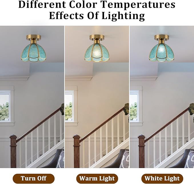 Semi Flush Mount Ceiling Light Fixture, 8.07” Vintage Glass Ceiling Light Small Antique Light Fixtures Flower Shade, Mid Century Ceiling Light for Hallway Kitchen Entryway Foyer Bedroom