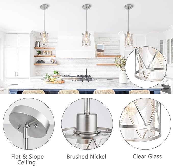 Refice Glass Pendant Lights Kitchen Island, Brushed Nickel Kitchen Hanging Light with Clear Glass, Farmhouse Cage Mini Pendant Lighting for Sink Dining Room Bedroom Bar, 3 Pack