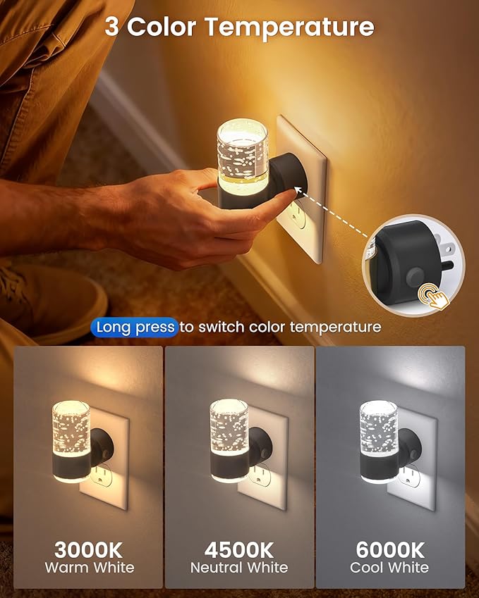 NIORSUN Night Light Plug into Wall, Dimmable Nights Lights with 3 CCT & 5 Brightness Levels, Slim Acrylic Plug in Night Light, Auto Dusk to Dawn Sensor for Stairs, Hallway, Bathroom, Black, 6 Pack