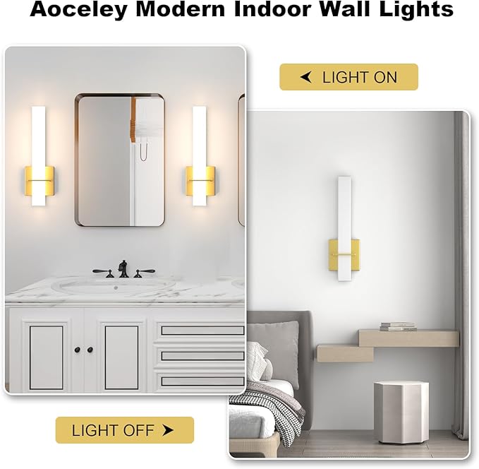 15.7inches Modern Led Wall Sconces,18W 3000K 1200Lumen Bathroom Vanity Wall Lights with White Acrylic Lampshade,Indoor Hardwired Wall Lamp for Bedroom Living Room(Gold,2-Pack)