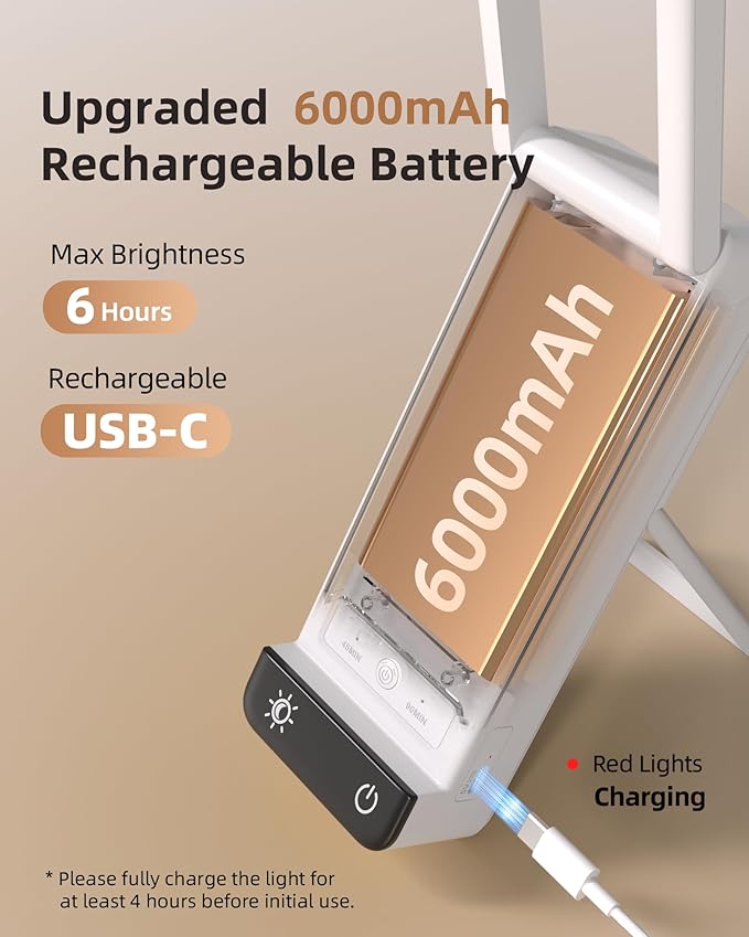 EZVALO Rechargeable Desk Lamp, 6000mAh Battery Wireless Light, Cordless Table Lamp for Book Reading, Foldable Mini Lamps & Portable, 3-Color Dimmable Small Light for Bed, Nail Lamp, Craft, White